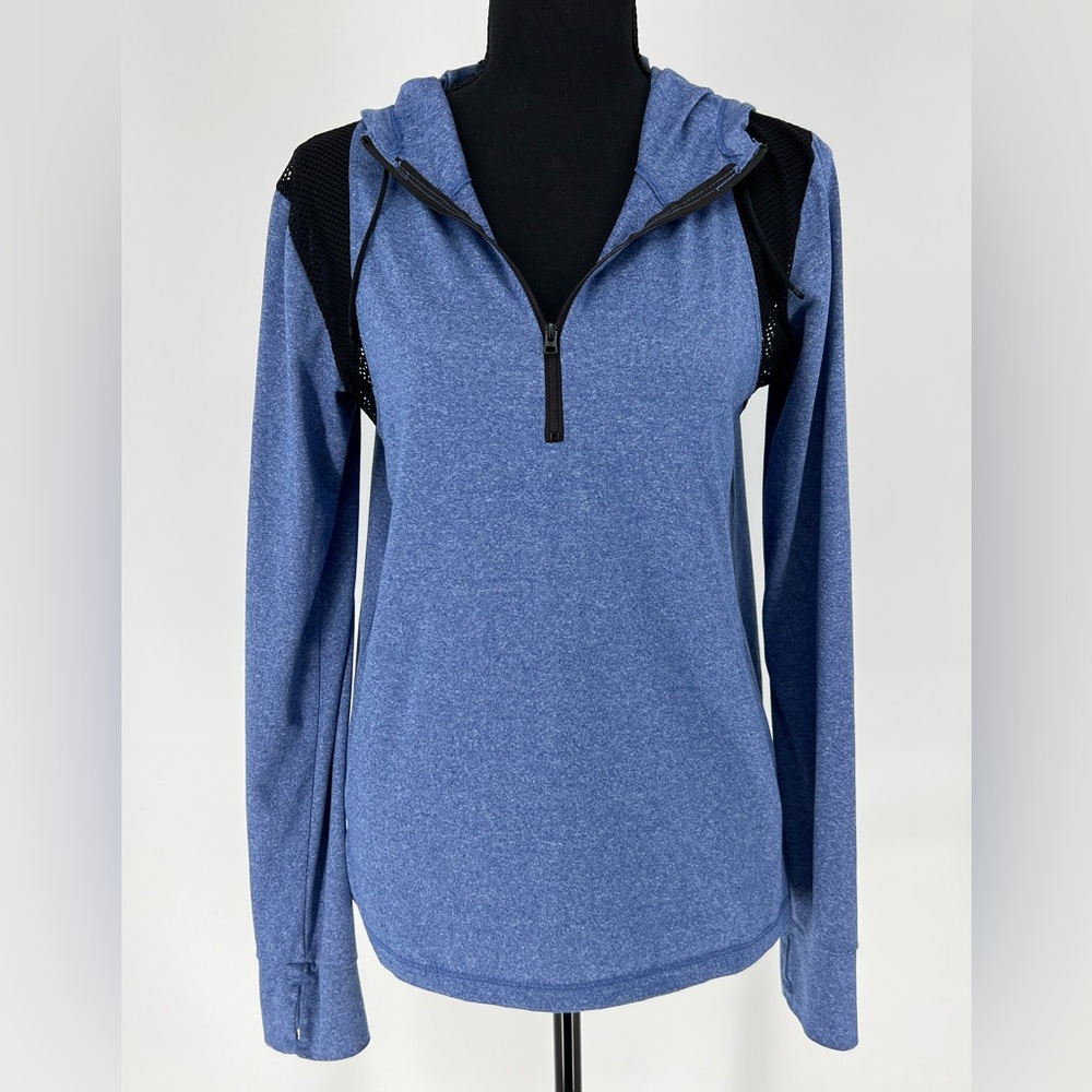 LIVE LOVE DREAM QUARTER ZIP BLUE HOODIE W/BLACK MESH AT SHOULDERS SOFT FABRIC